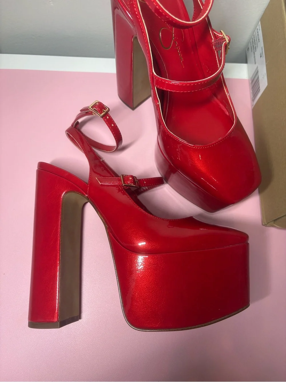 NIB Jessica Simpson Pialley Red Patent Platform Mary Jane Heels with Ankle Strap